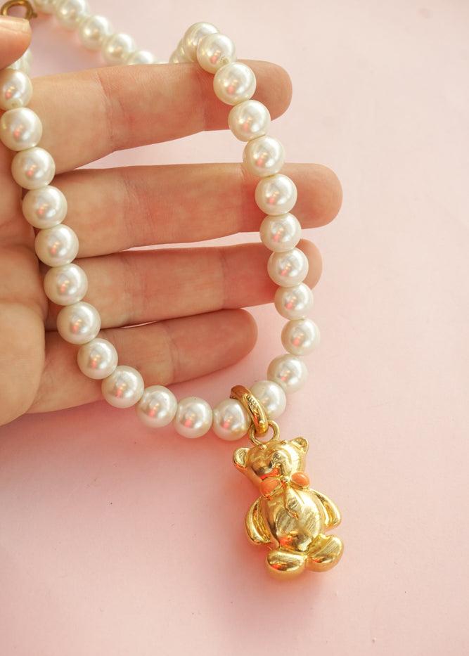 Collier perle et ourson doré - Bijoux upcylés