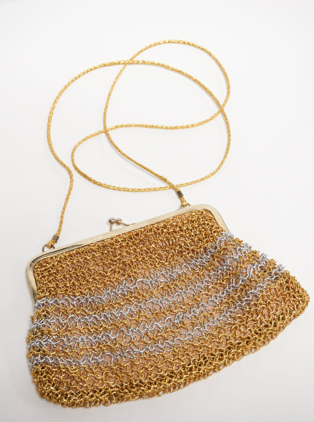 Silver and gold crochet minaudière bag