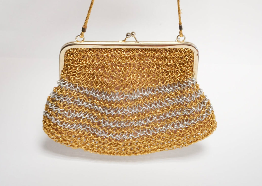 Silver and gold crochet minaudière bag