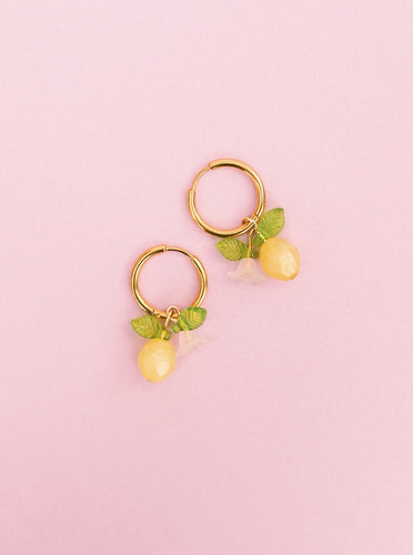 Boucles d'oreilles créoles et breloque fruits citron en acier inoxydable 