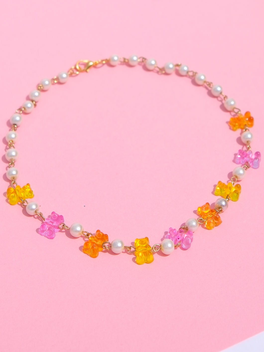 Pink/orange/yellow teddy bear necklace [upcycled]