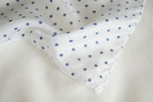 Load image into Gallery viewer, White silk scarf with blue polka dots
