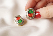 Load image into Gallery viewer, Red and green art deco clip-on earrings
