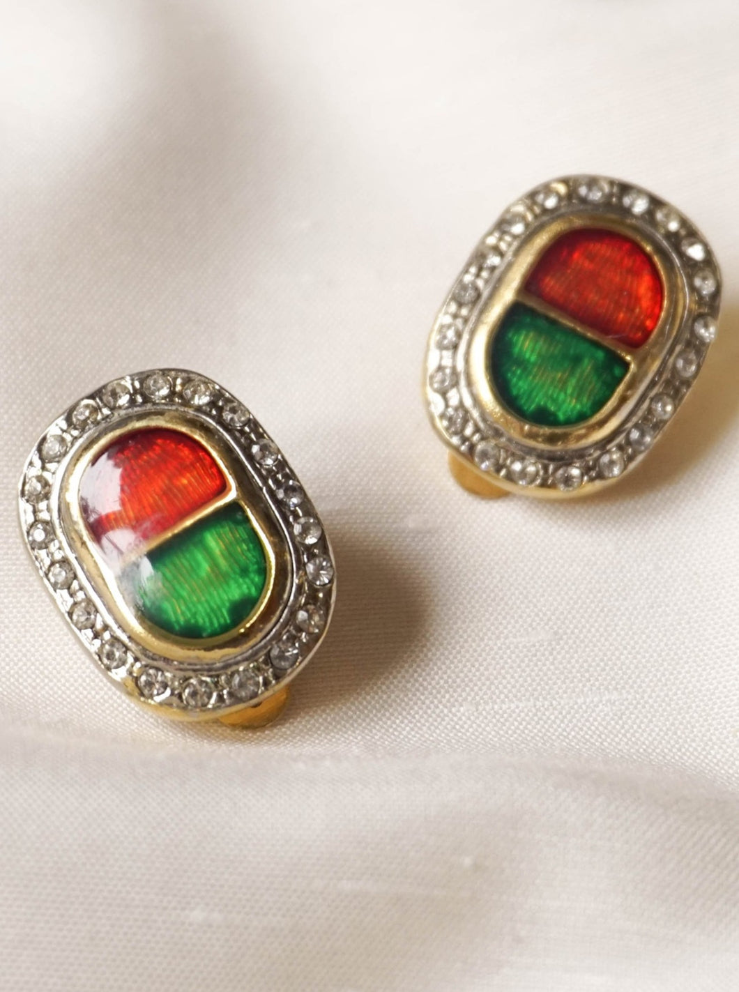 Red and green art deco clip-on earrings
