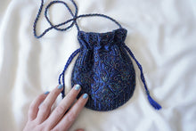 Load image into Gallery viewer, Small purse bag in blue satin embroidered with pearls
